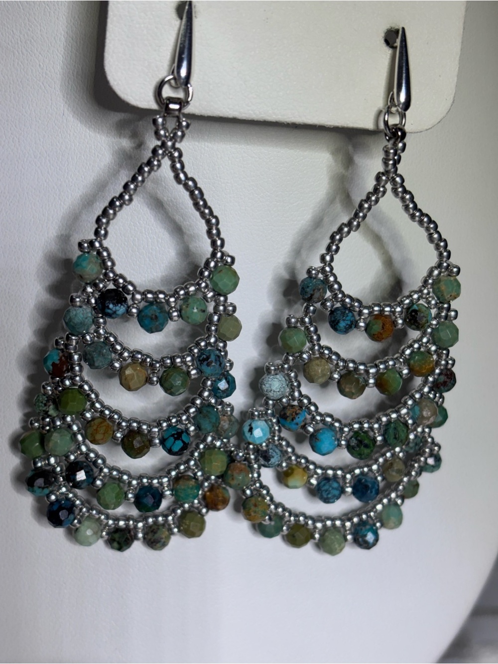 Handmade African Turquoise and Silver-Tone Chandelier Earrings 3.5 inches